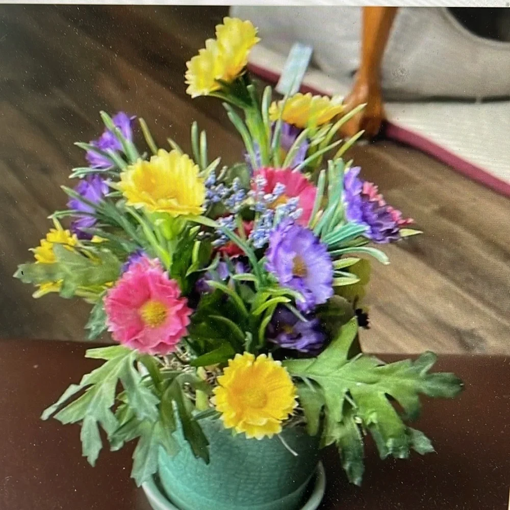Colorful Floral Arrangement in Green ceramic Pot